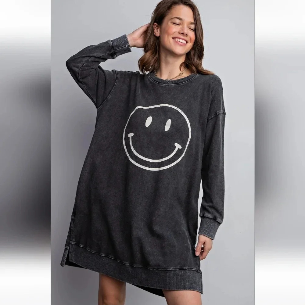 New! Easel Black Mineral Washed Terry Pullover Long Sleeve Smile Face Dress L